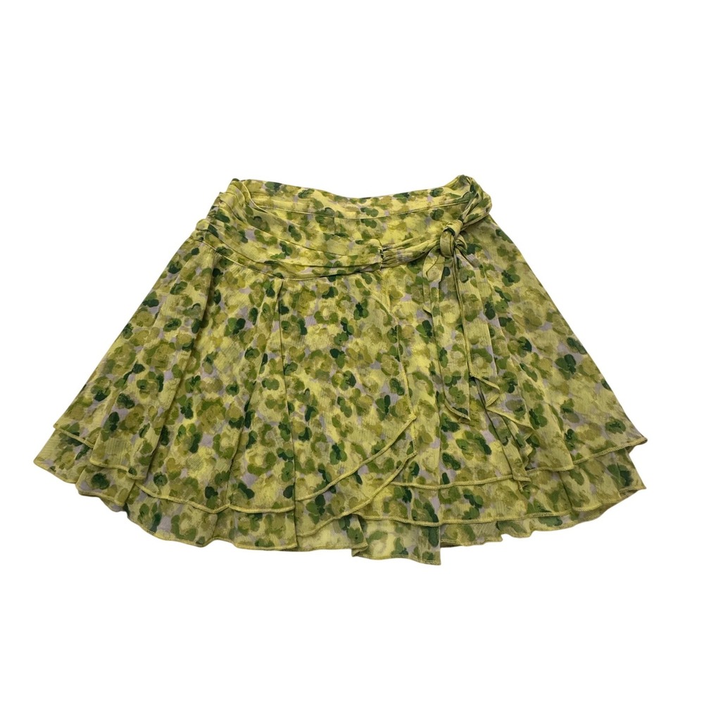 Aerie Green Yellow Floral Chiffon Wrap Mini Skirt XS Tiered Ruffle Boho Vacation
